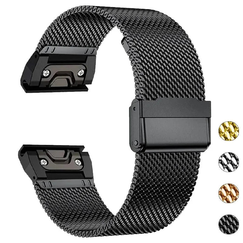 Stainless steel Garmin Fenix watch strap with card-carrying function in silver, black, gold and rose gold colours