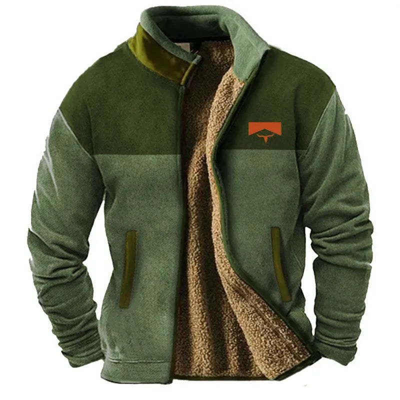 Men's padded fleece coat in polyester fibre available in sizes S to 5XL including blue, green and light brown colour options.