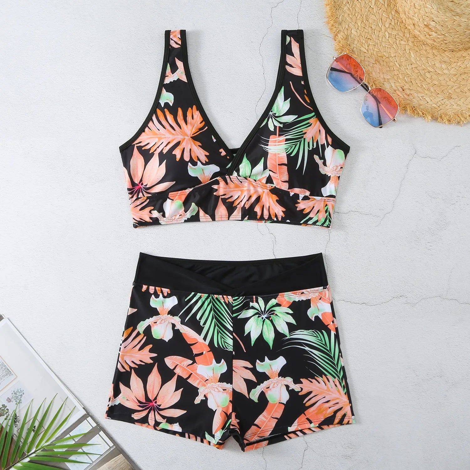 Women's two-piece polyester swimsuit with printed boxer shorts and sleeveless top