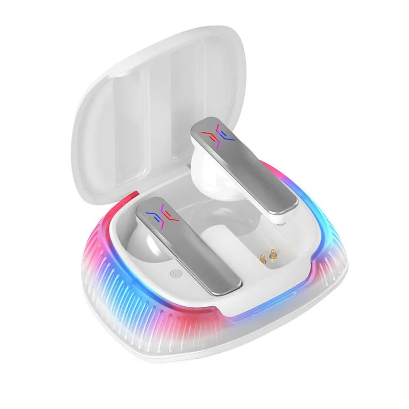 Hall Flashing wireless gaming earplug headset in black or white with Type-C cable.