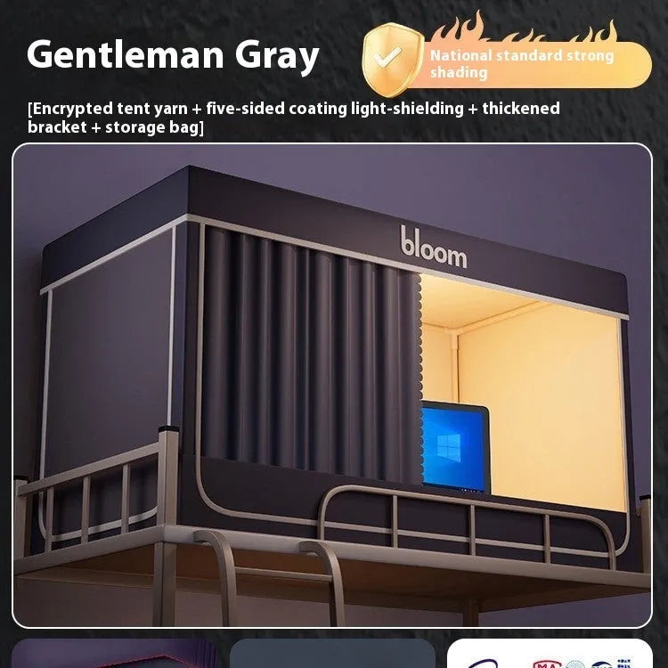 Grey polyester bed curtains with attached mosquito net for a 0.9m wide bunk bed on a three-door bracket.