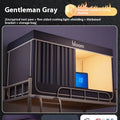 Grey polyester bed curtains with attached mosquito net for a 0.9m wide bunk bed on a three-door bracket.