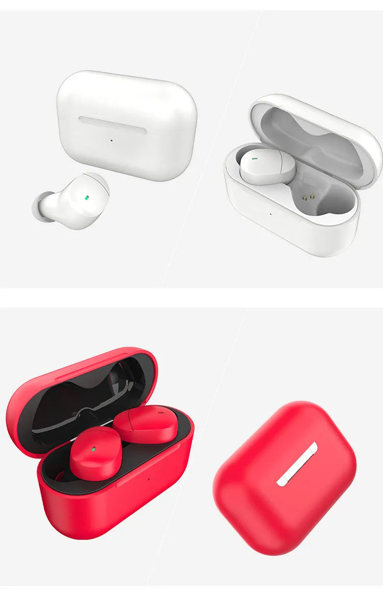 Flame red Qualcomm TWS 3040 Bluetooth headset with earplug design showing USB charging cable