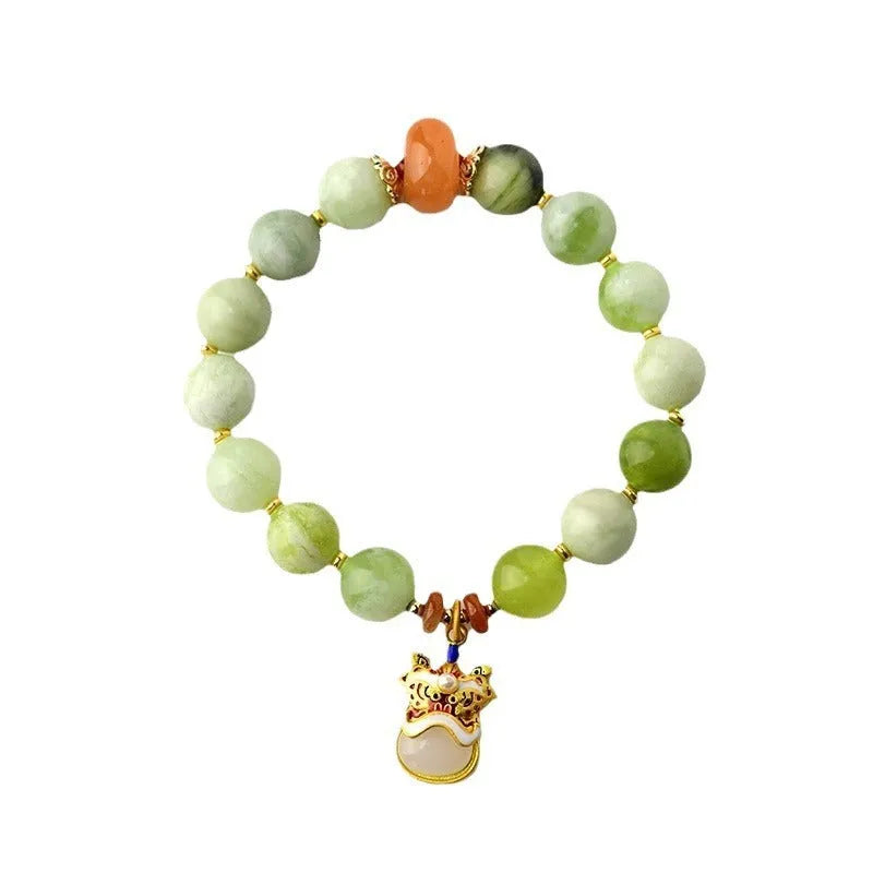 Green milk-in-water Xingshi jade pendant bracelet with 10mm geometric beads on elastic band