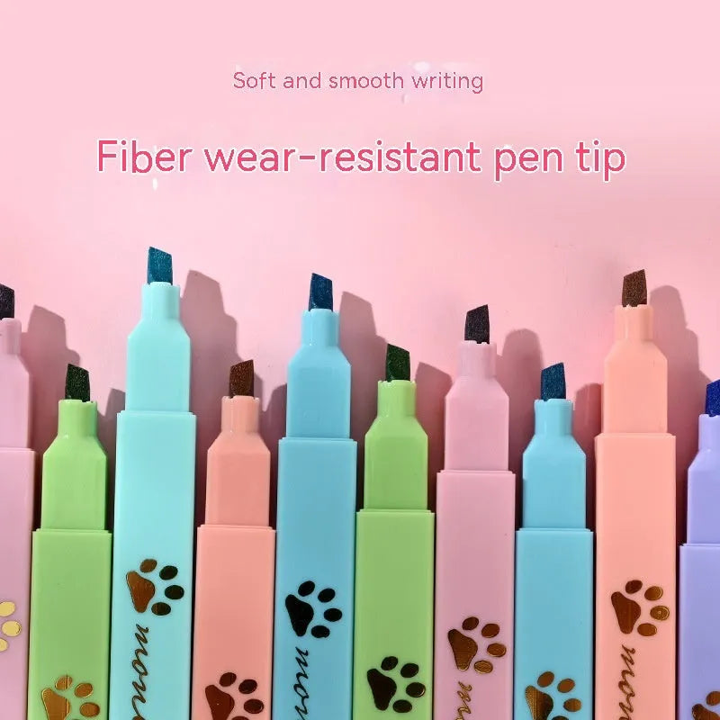 Cat's Paw fluorescent marking pen set showing six coloured pens with oblique heads in plastic packaging