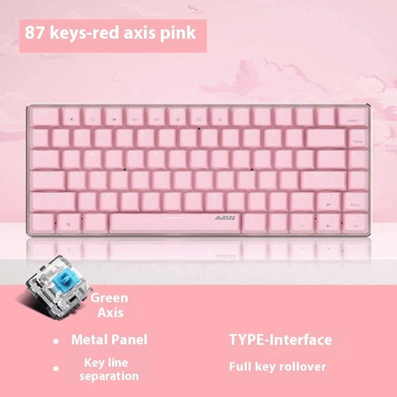 Compact white-backlit mechanical keyboard with 82 keys and metal case on a desk.