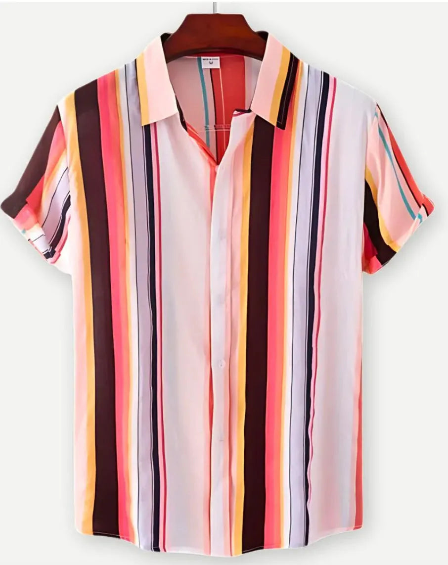 Hawaiian print short sleeve shirt with floral pattern and elastic fabric on a mannequin