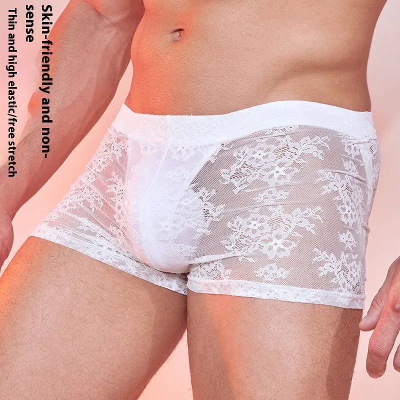 Lace men's boxers in nylon fabric available in black, white and red colours