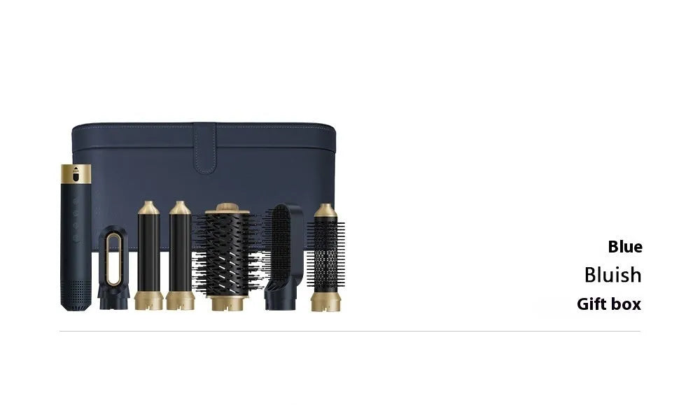 Dark blue and white 6-in-1 electric hot air comb with leather case for curling and straightening hair