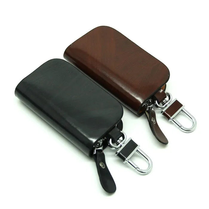 Black and brown genuine leather car key case with frosted finish showing internal dimensions.