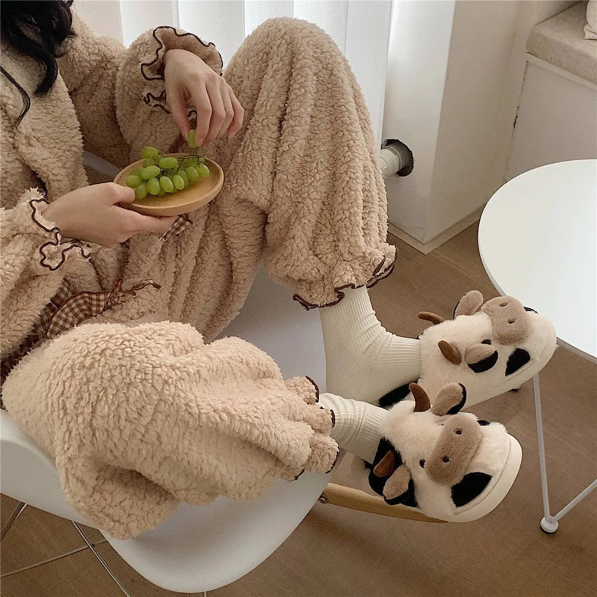 White cartoon cow plush slippers for women with non-slip textured PVC soles