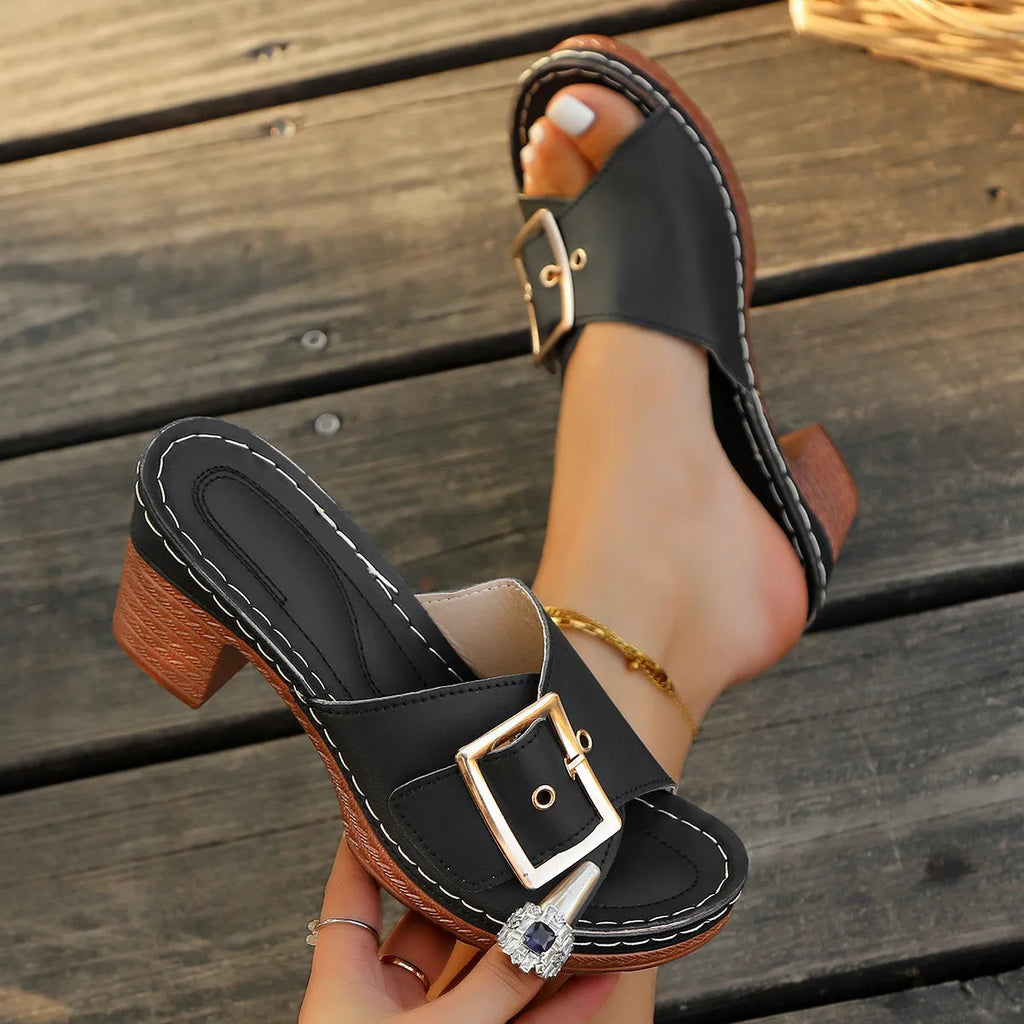 Women's chunky heel slippers with metal buckle in black or light blue on rubber sole