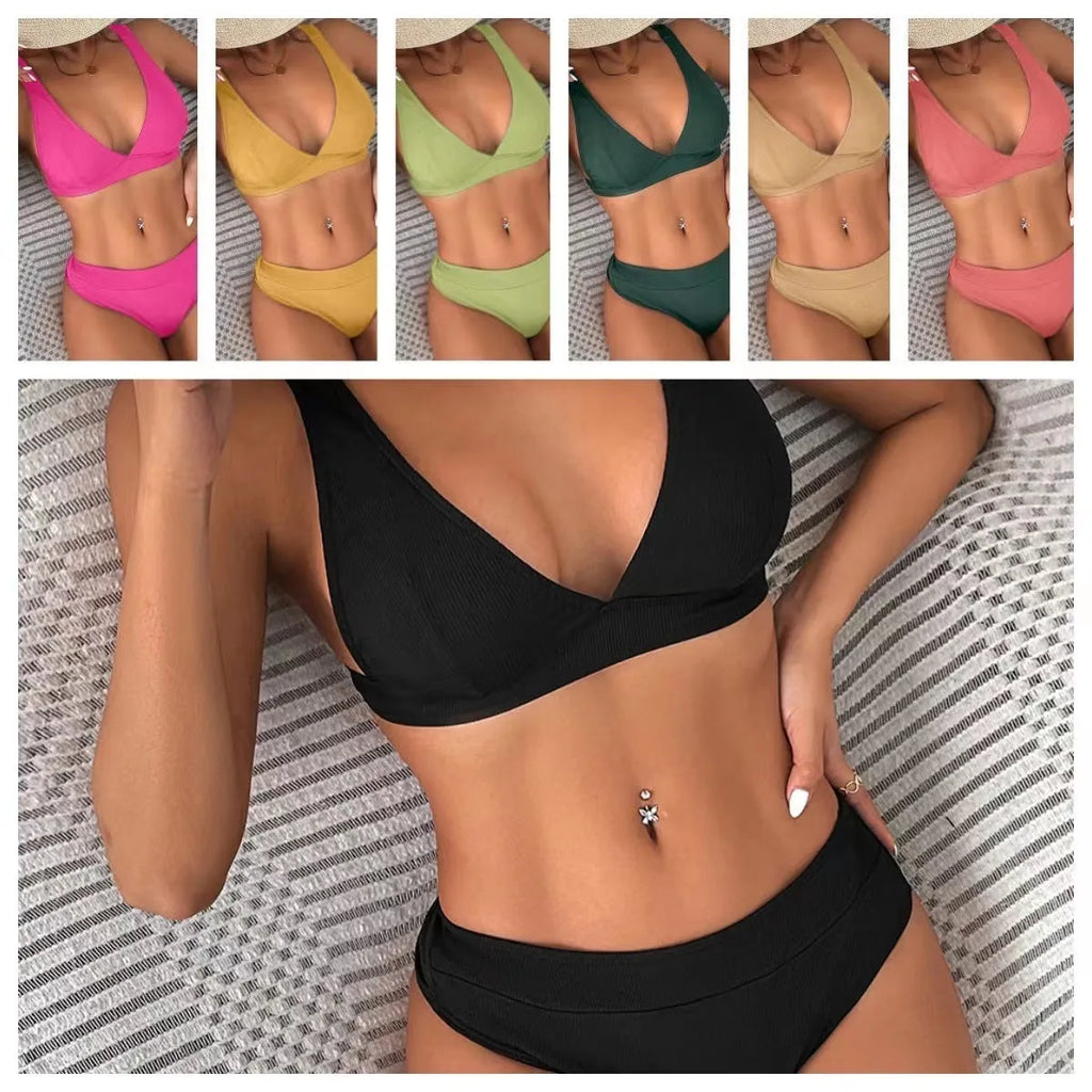 Women's black lace-up split bikini set shown on a size chart with colour options.
