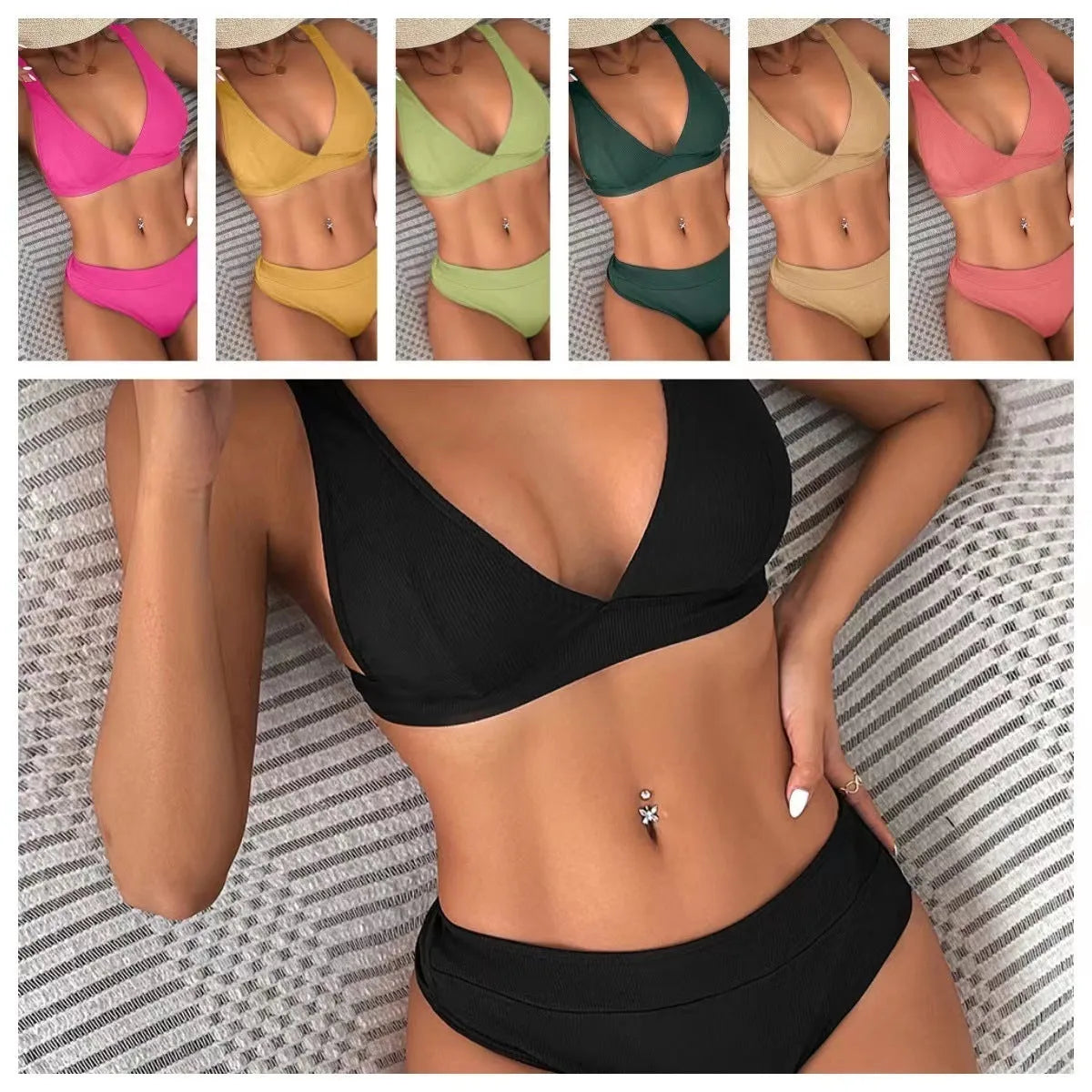 Women's black lace-up split bikini set shown on a size chart with colour options.