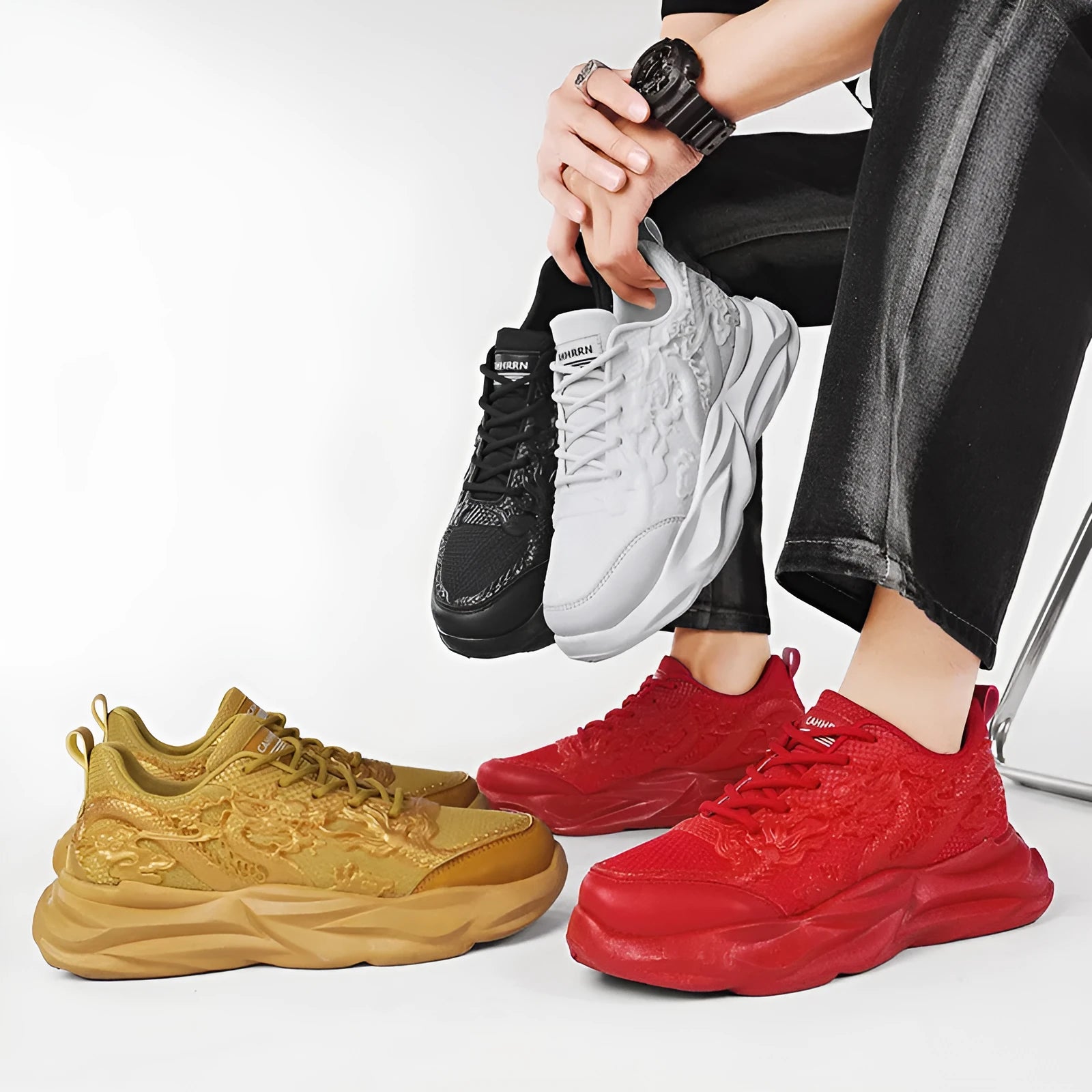Casual fly knit sneakers in dragon designs with micro fibre upper and rubber sole