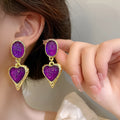 Pleated oval love heart stud earrings in purple, red, green, and yellow and white alloy colours