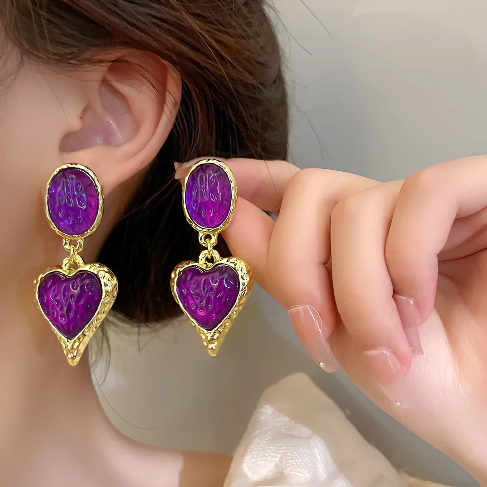 Pleated oval love heart stud earrings in purple, red, green, and yellow and white alloy colours