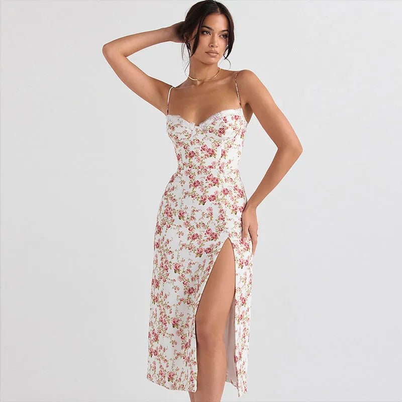 Blue lace flowers print long dress with adjustable cross-back straps and a side slit.