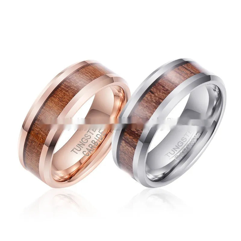 Men's wide 8mm tungsten wedding ring with a leather inlay, shown in rose gold and steel colour finishes.