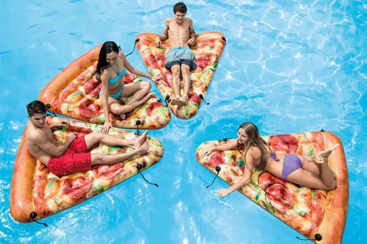 Inflatable pizza float surfboard recliner with vibrant slice design floating on water
