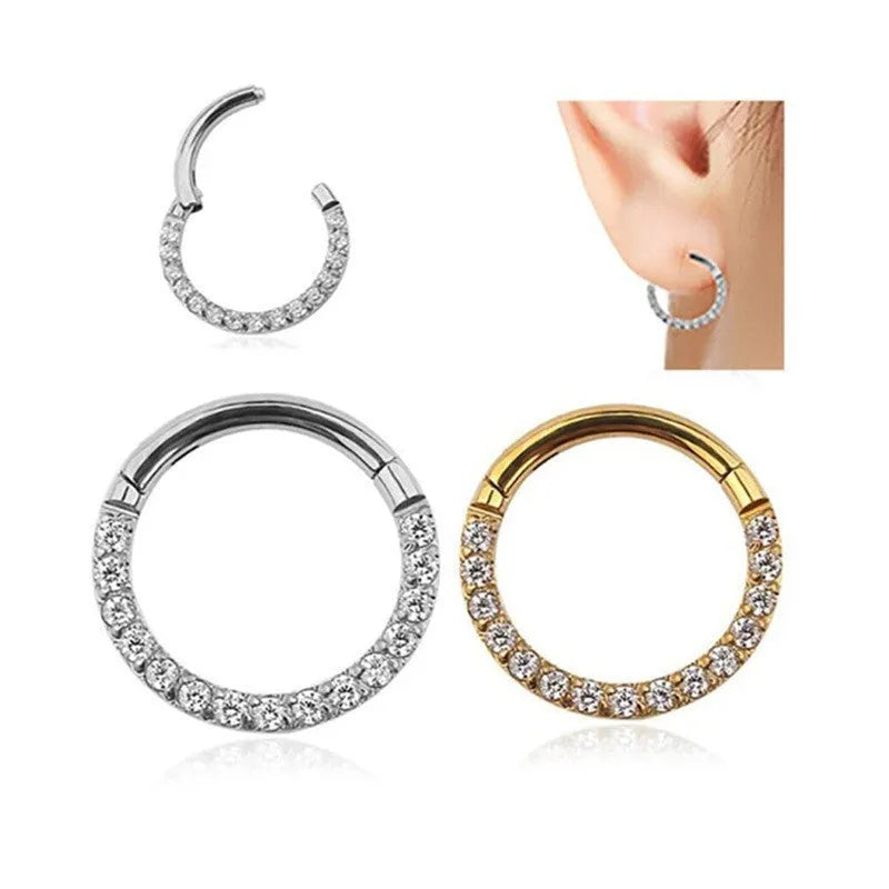 Close-up of a seamless round stainless steel nose ring with a diamond finish, showing colour options including gold, rose gold, and black.