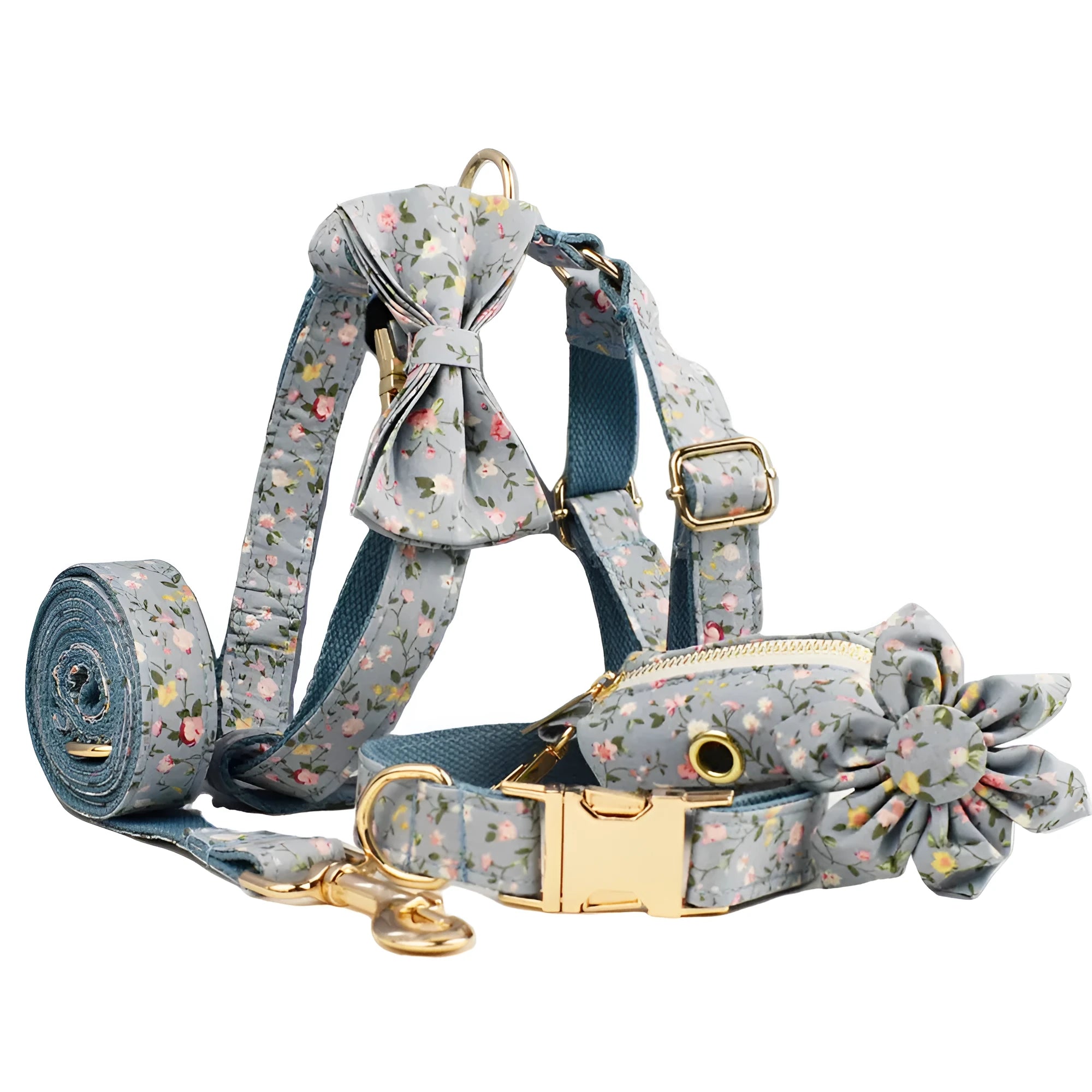 Blue floral patterned fabric bow attached to a decorative dog collar for pets