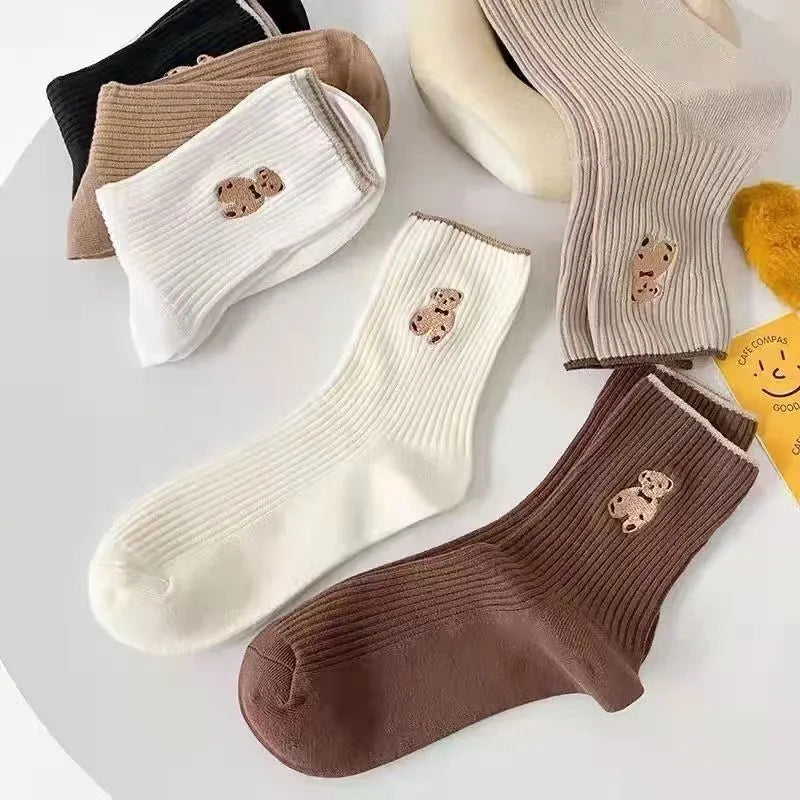 Mid-calf retro Japanese school style bear pattern stack socks for women