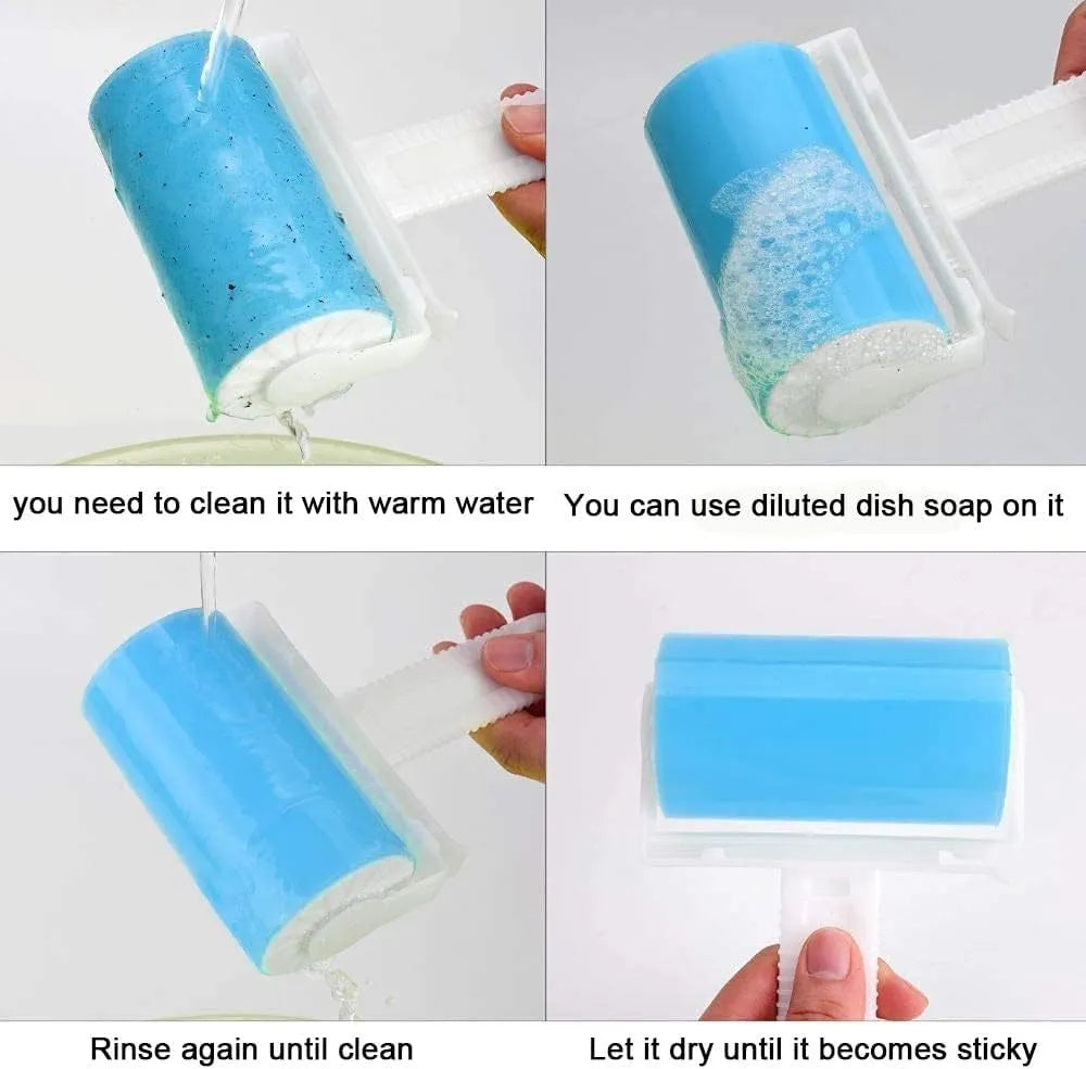 Blue washable reusable lint roller with protective cover for removing pet hair from fabrics