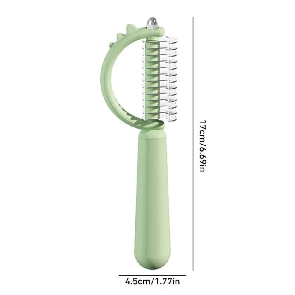 Self-cleaning cat brush with dinosaur shape and stainless steel pins for grooming