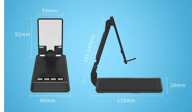 Black mobile phone broadcaster stand with Bluetooth speaker and microphone on desk