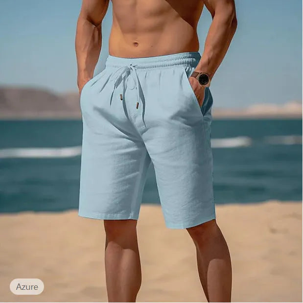 Men's cotton linen drawstring shorts in solid colour with elastic waist for summer beach wear