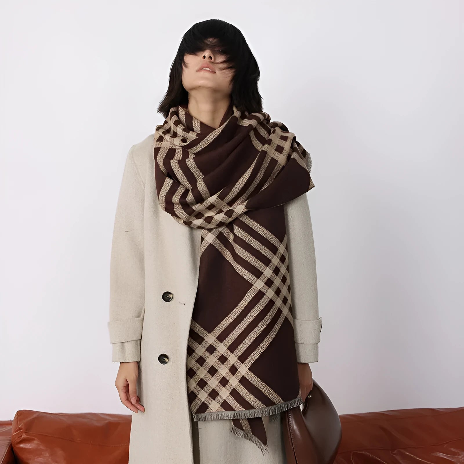 Large brown imitation cashmere winter scarf with tassels laid flat showing full 185cm length.