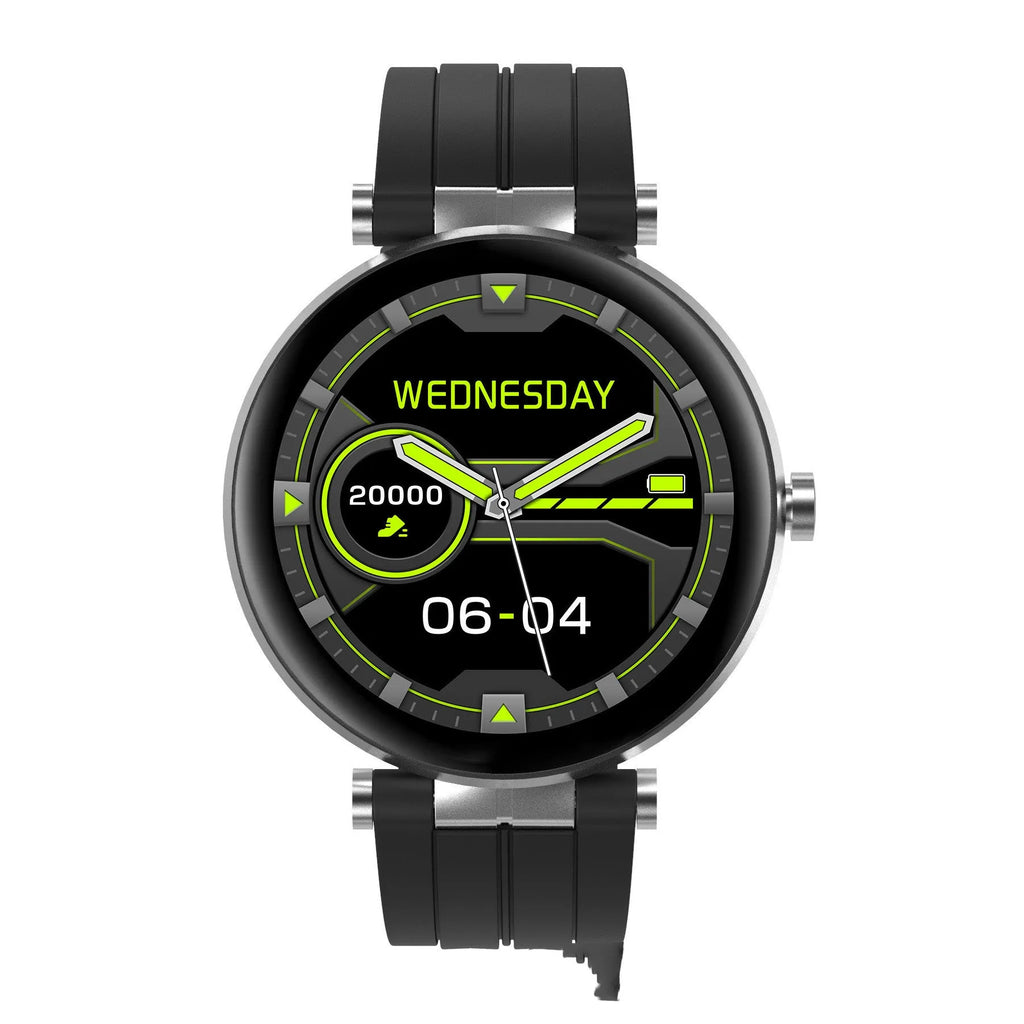 Black smart watch with heart rate monitor on a silicone wrist strap, showing the 1.3-inch display.
