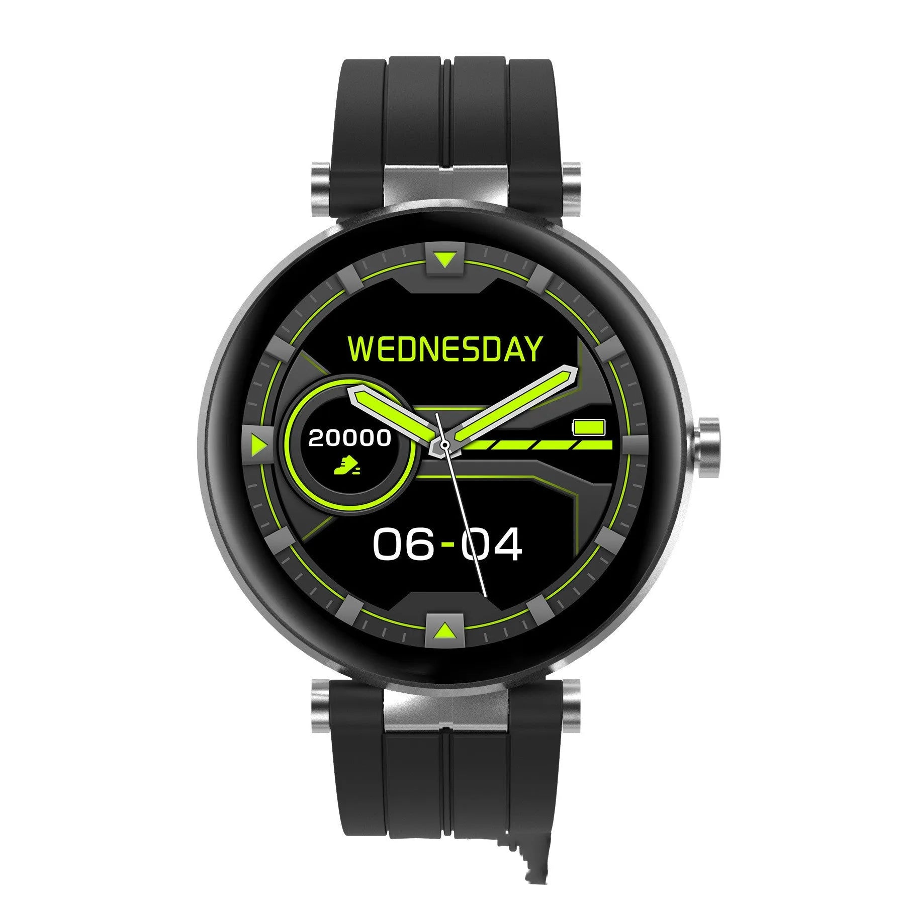 Black smart watch with heart rate monitor on a silicone wrist strap, showing the 1.3-inch display.