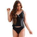 Solid black women's sleeveless swimsuit bikini set on size chart
