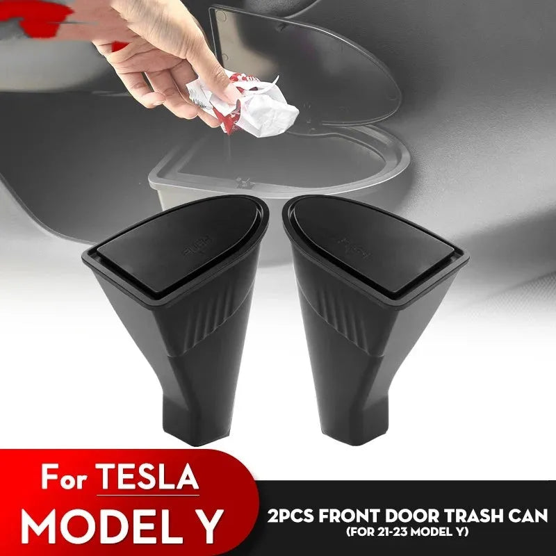 Two black ABS plastic car door trash cans designed for the front door pockets of a Tesla Model Y.