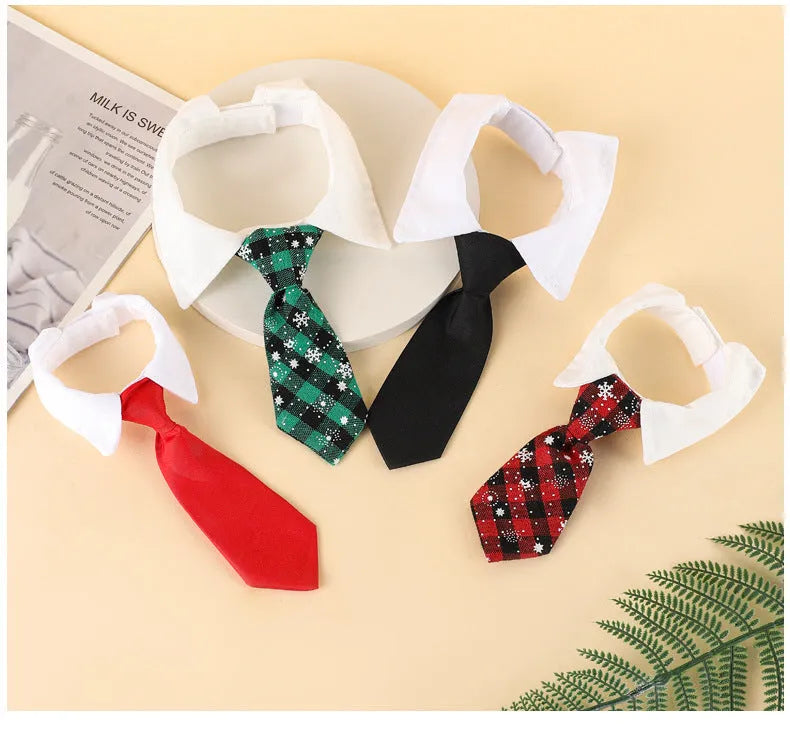 Adjustable Christmas dog necktie with red plaid and snowflake pattern on a white background