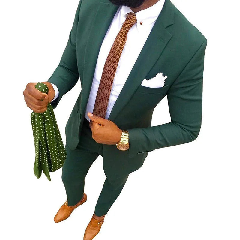 Men's two-piece suit in a choice of colours, showing jacket and trousers for formal banquet wear.
