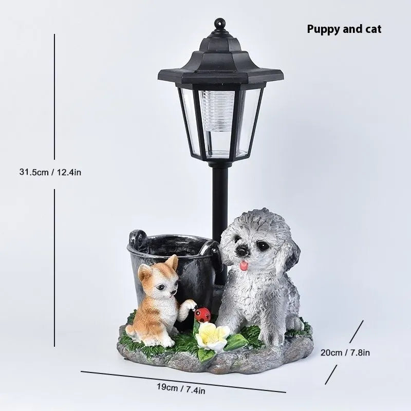Hexagonal solar garden lamp with synthetic resin construction showing animal figurine design options