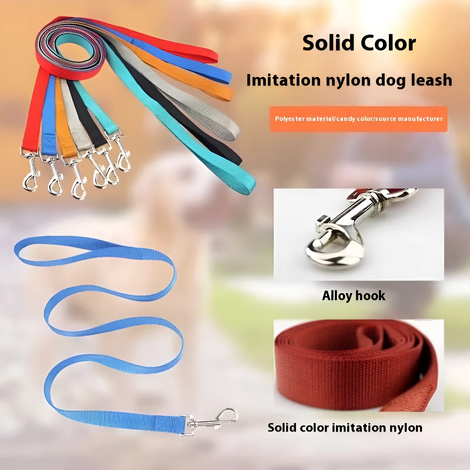 Solid colour polyester dog lead rope held in a hand, showing four different thickness options on a white background.