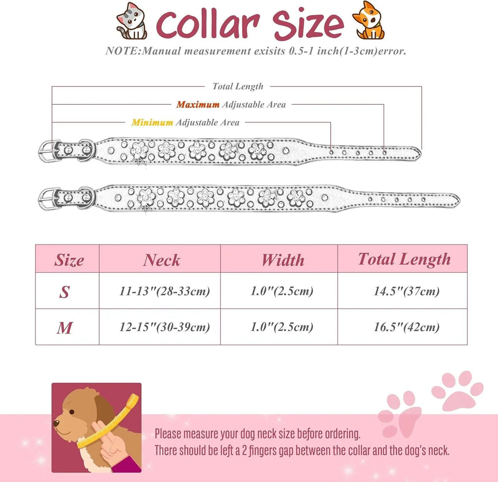 Soft black PU leather dog collar with a sparkling rhinestone flower pattern and metal adjustment buckle.