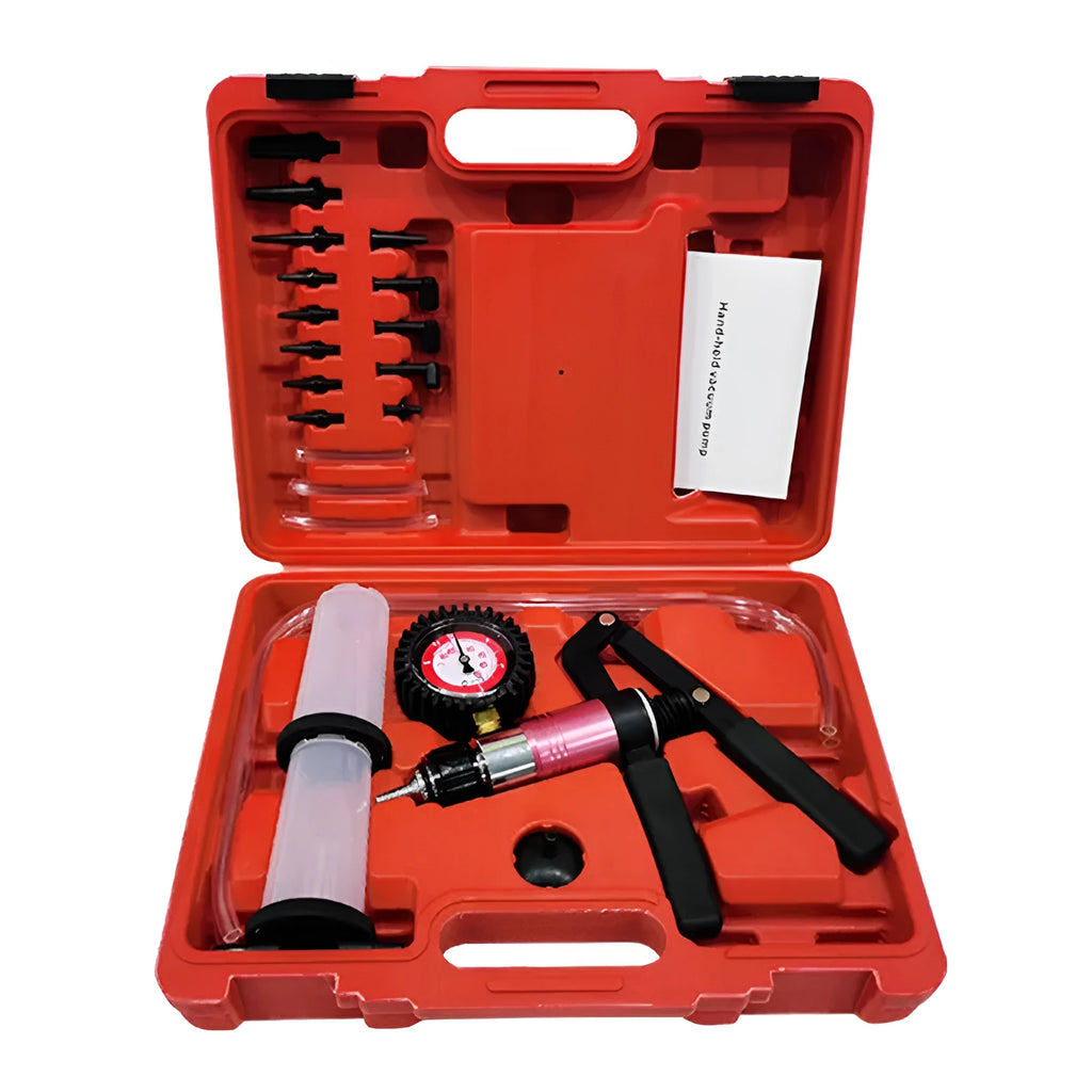 Aluminium alloy manual vacuum air blow gun tool for car repair on a workbench.