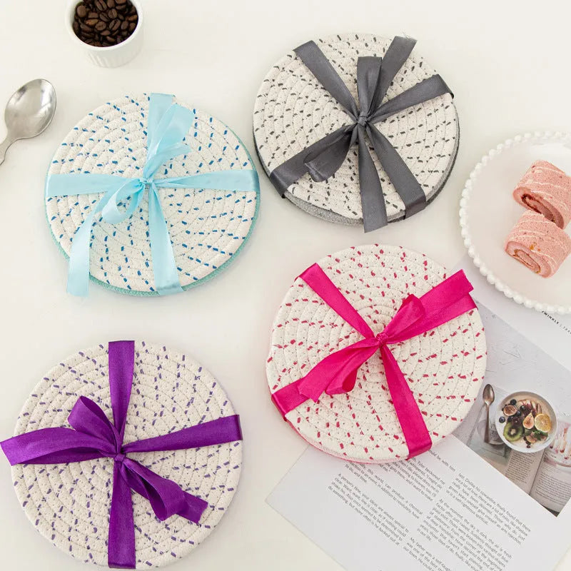 Three round cotton cord coaster placemats 18cm diameter in modern simple style