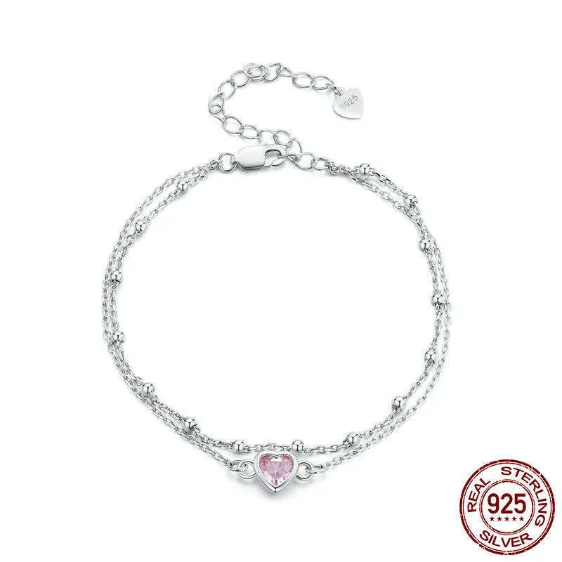 Sweet girlish style 925 sterling silver bracelet with heart-shaped pendant and adjustable chain