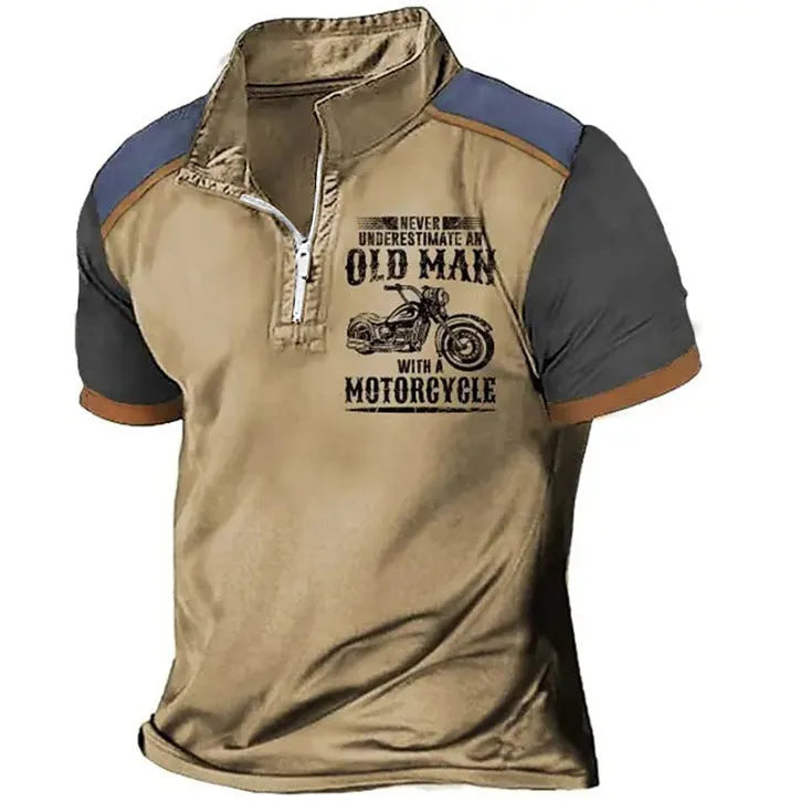 Men's casual blue polo shirt with white digital letter print and silver zipper decorations on the lapel.