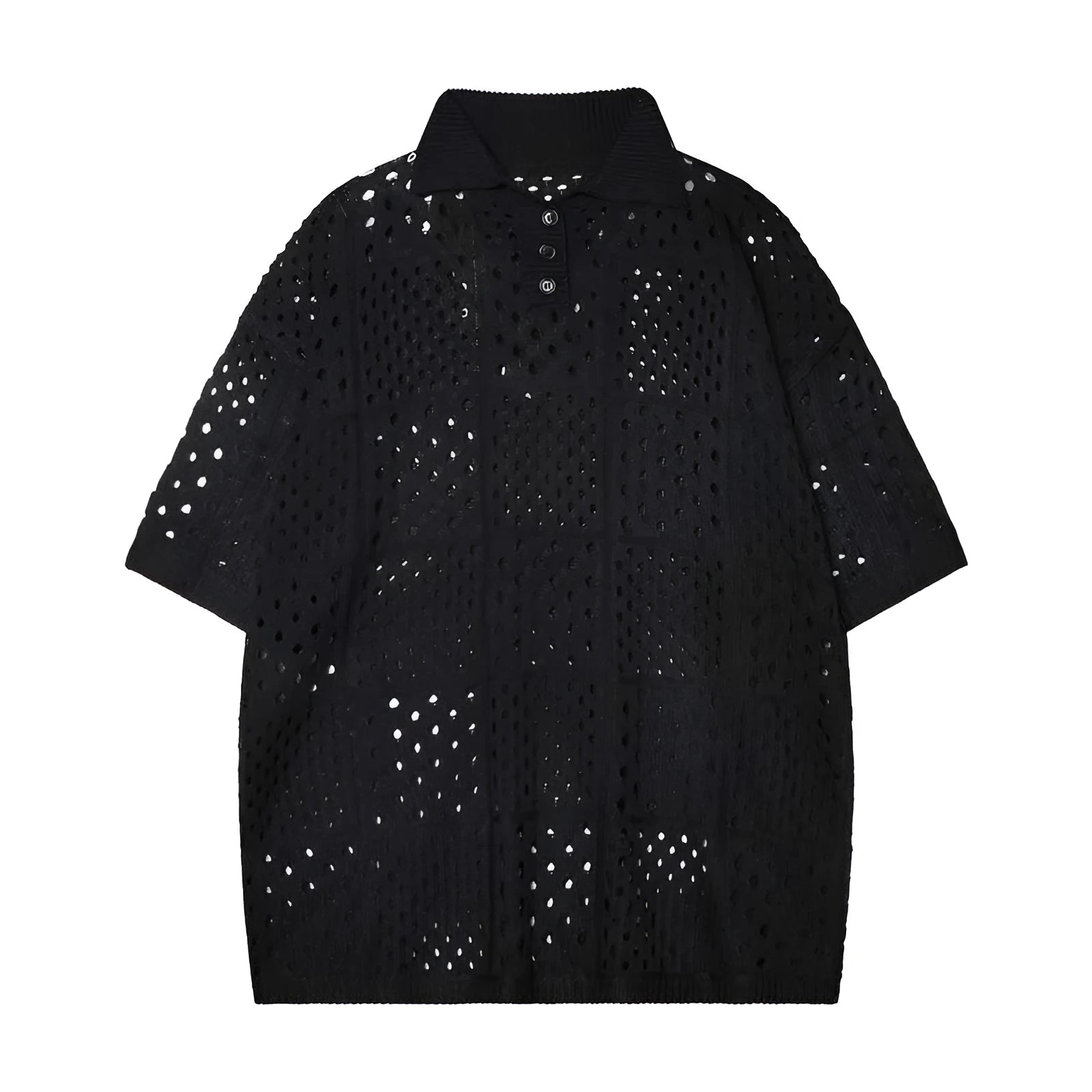 A teenage model wearing a solid black loose-fit knitted polo shirt, short-sleeved cardigan style.