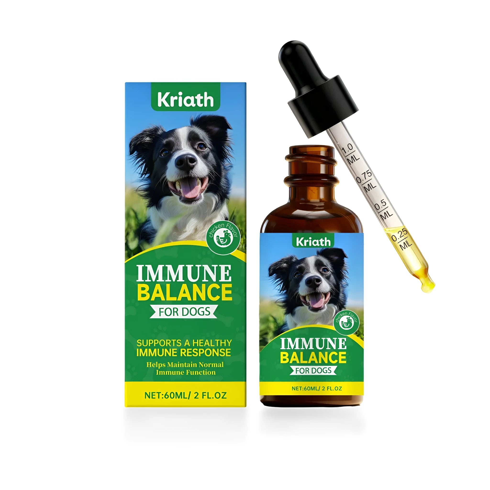 60ml bottle of immune health drops for dogs with chicken flavour and dropper