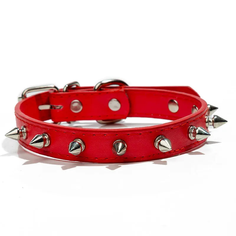 Studded anti-bite dog collar in thickened PU leather with metal alloy buckle, shown in multiple colours