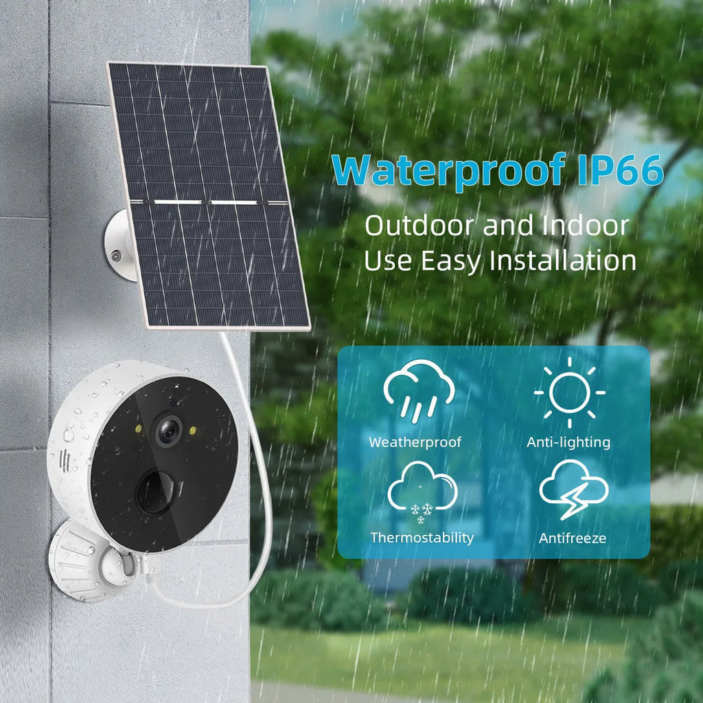 Outdoor security camera with attached solar panel for wireless property monitoring