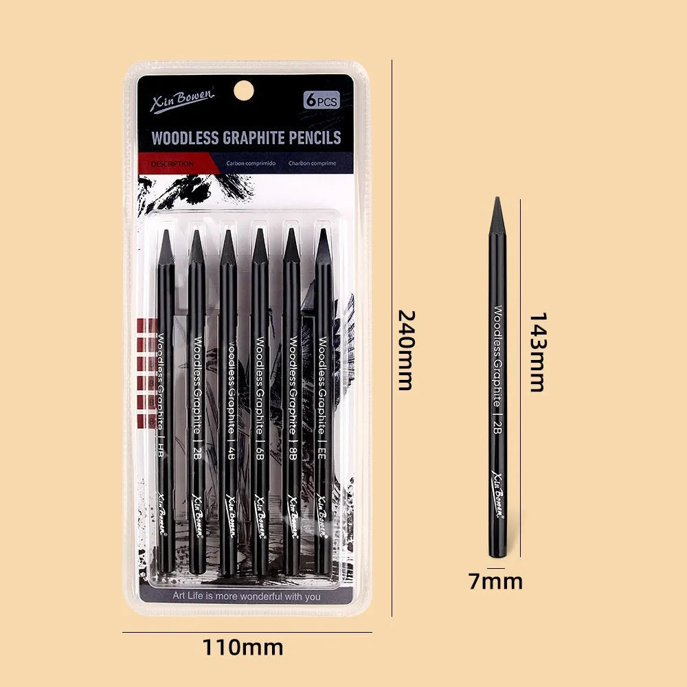 Six wood-free graphite sketching pencils showing different darkness grades from HB to EE
